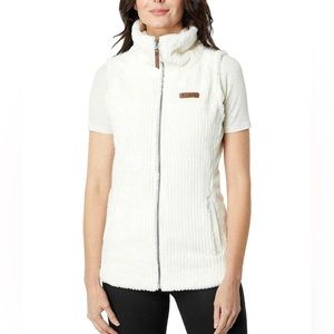 Columbia-Fire Side Sherpa Vest-Chalk Stripe-Shark women’s large